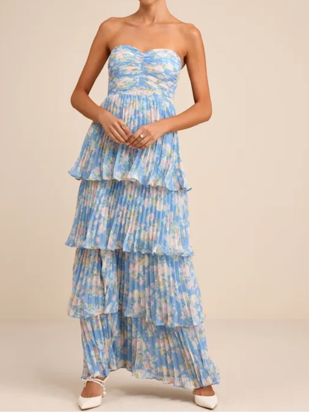 Lulus Seriously Sensational Blue Floral Strapless Tiered Maxi Dress - Size M - Picture 2 of 6